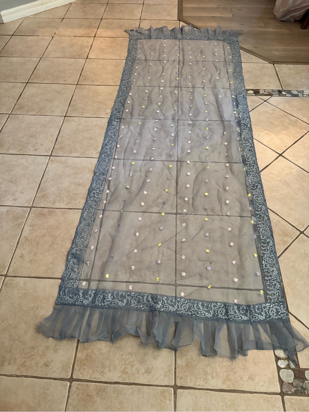 Sheer Periwinkle Embroidered Table Runner 93x33 Floral Paisley Ruffle Organza